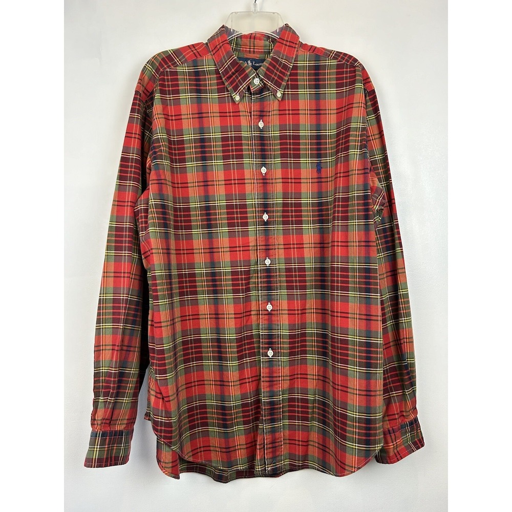 Ralph Lauren Oxford Shirt Mens XL Button Down Red Green Tartan Plaid Preppy